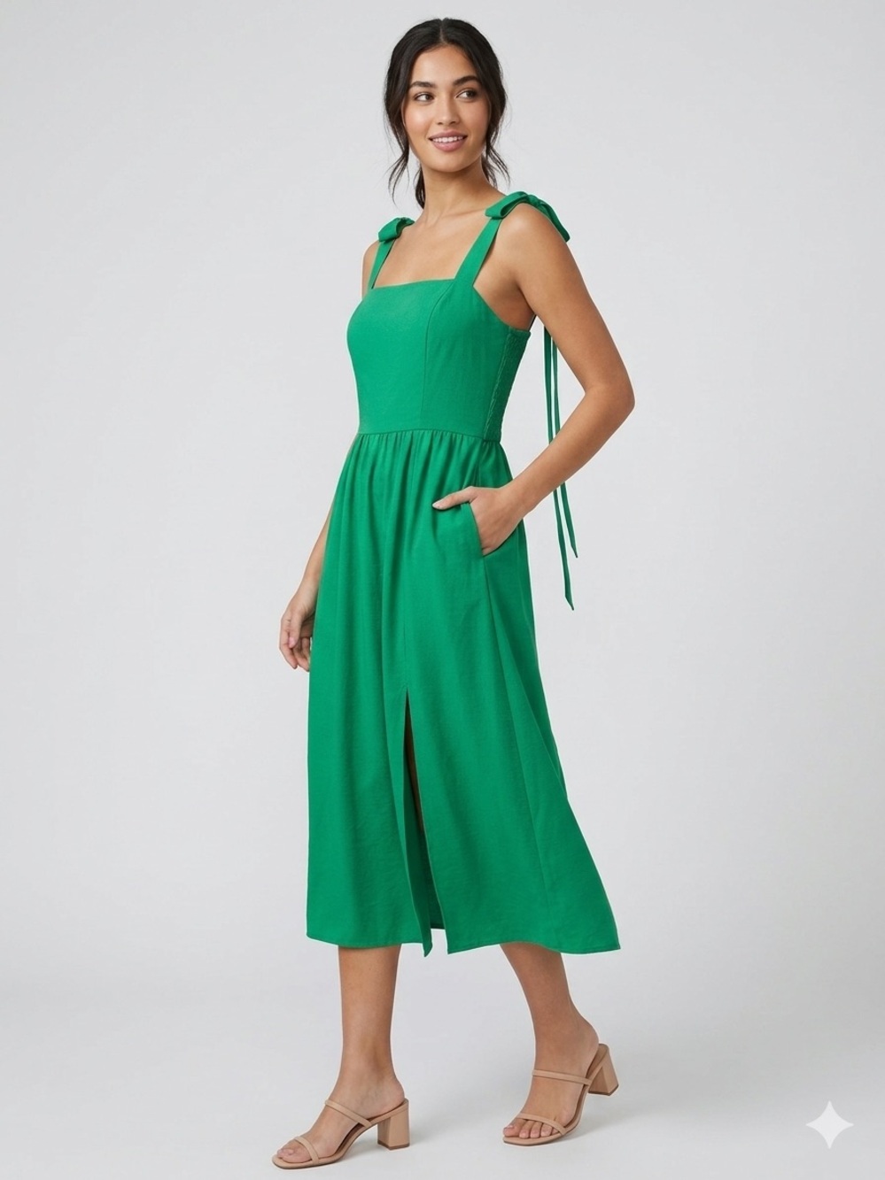 Monteau Emerald Tie-Shoulder Midi Dress